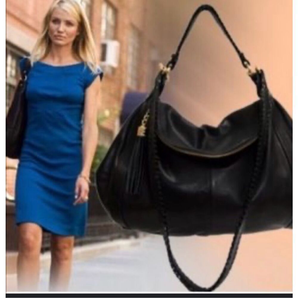 Black Leather Hobo Shoulder Bag with Tassel, Braided Strap Detail